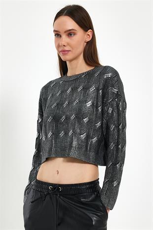 Anthracite Silvery Printed Short Knitwear Sweater