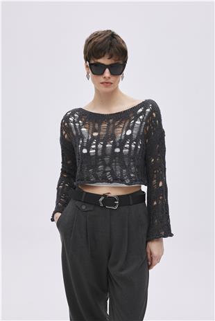 Anthracite Ripped Detailed Knitwear Crop