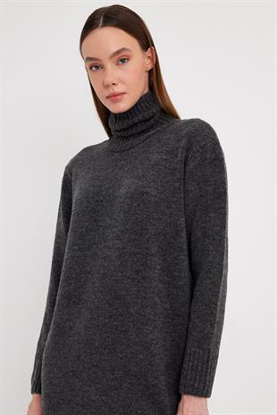 Anthracite Slit Detail Turtle Neck Knitwear Dress