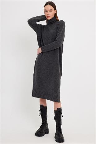 Anthracite Slit Detail Turtle Neck Knitwear Dress