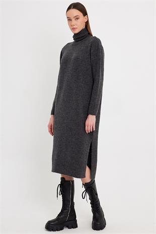 Anthracite Slit Detail Turtle Neck Knitwear Dress