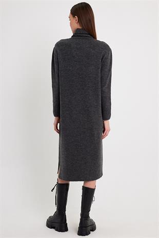 Anthracite Slit Detail Turtle Neck Knitwear Dress