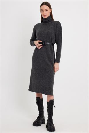 Anthracite Slit Detail Turtle Neck Knitwear Dress