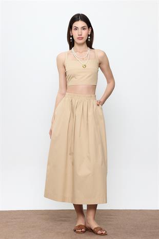Bej %100 Cotton Askılı Crop