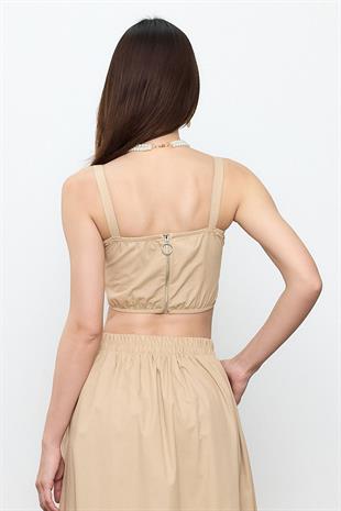 Bej %100 Cotton Askılı Crop