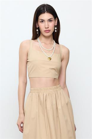 Bej %100 Cotton Askılı Crop