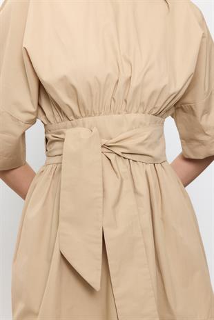 Bej %100 Cotton Beli Kemerli Mini Elbise