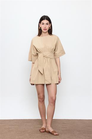 Bej %100 Cotton Beli Kemerli Mini Elbise
