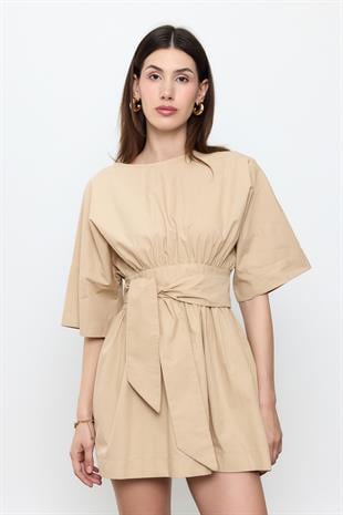Bej %100 Cotton Beli Kemerli Mini Elbise
