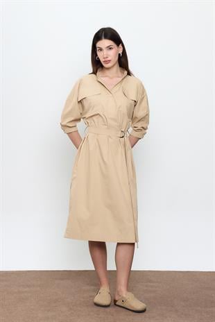 Bej %100 Cotton Midi Boy Gömlek Elbise