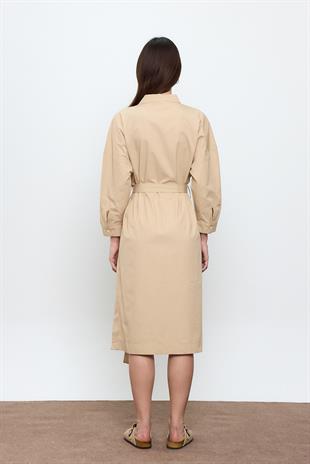 Bej %100 Cotton Midi Boy Gömlek Elbise