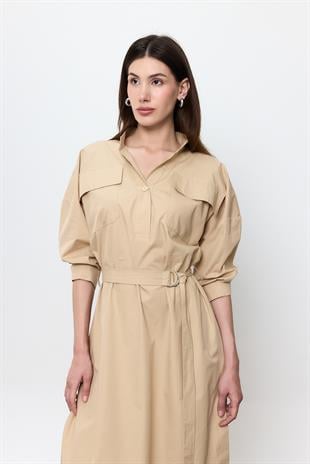 Bej %100 Cotton Midi Boy Gömlek Elbise