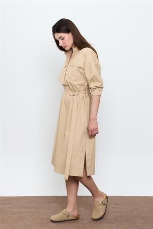 Bej %100 Cotton Midi Boy Gömlek Elbise