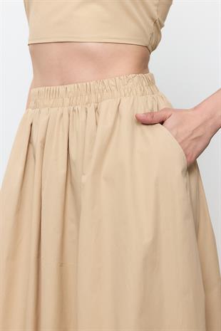 Bej %100 Cotton Volanlı Midi Etek