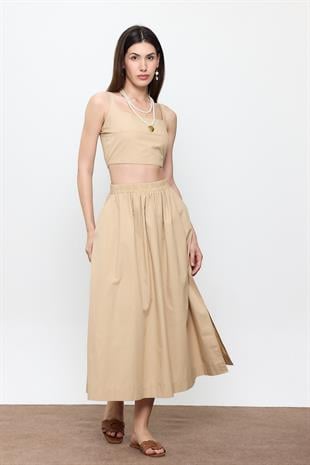 Bej %100 Cotton Volanlı Midi Etek