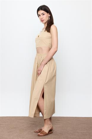 Bej %100 Cotton Volanlı Midi Etek