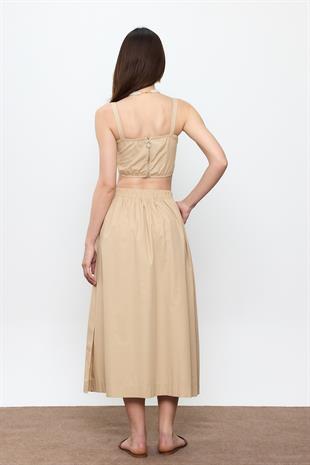 Bej %100 Cotton Volanlı Midi Etek