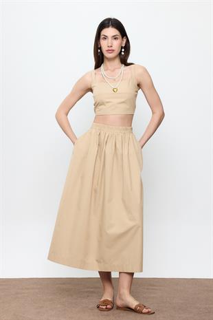 Bej %100 Cotton Volanlı Midi Etek