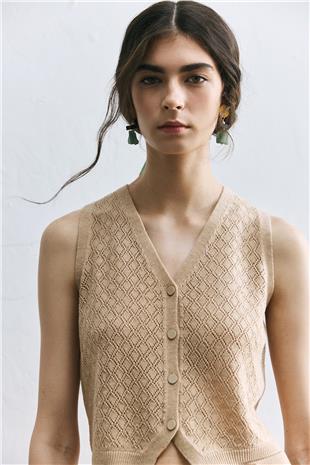 Bej Ajurlu Triko Yelek