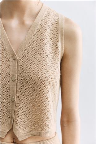 Bej Ajurlu Triko Yelek