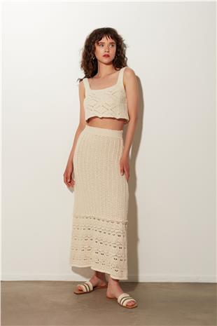 Beige Openwork Long Knit Skirt  SWS4497BJ