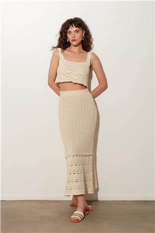 Beige Openwork Long Knit Skirt  SWS4497BJ