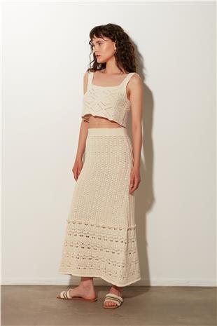 Beige Openwork Long Knit Skirt  SWS4497BJ