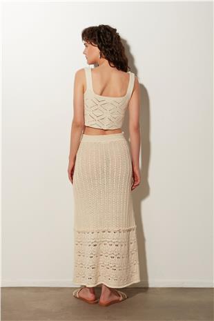 Beige Openwork Long Knit Skirt  SWS4497BJ