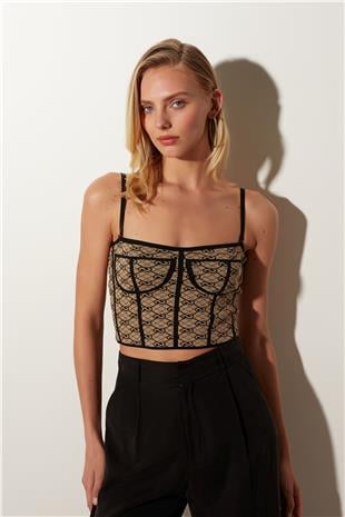 Beige Underwired Patterned Knitted Bustier SWA4676BJ