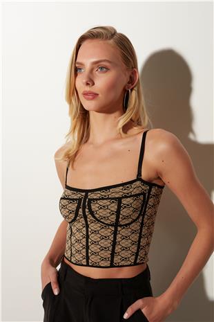 Beige Underwired Patterned Knitted Bustier SWA4676BJ