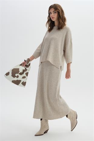 Bej Beli Lastikli Triko Etek