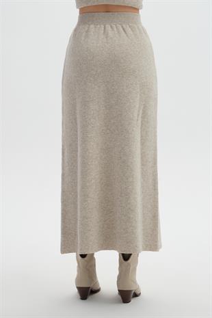 Bej Beli Lastikli Triko Etek