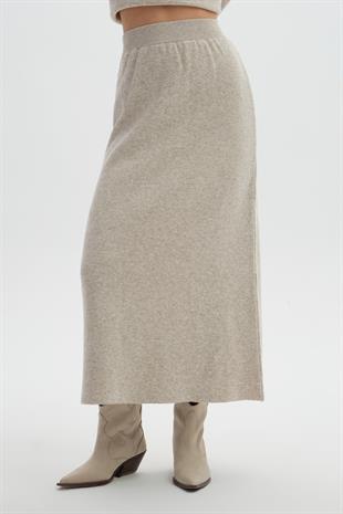 Bej Beli Lastikli Triko Etek