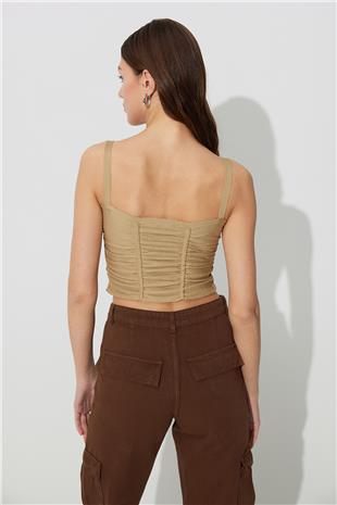 Beige Pleated Square Collar Knitwear Vest SWA4641BJ