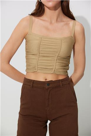 Beige Pleated Square Collar Knitwear Vest SWA4641BJ