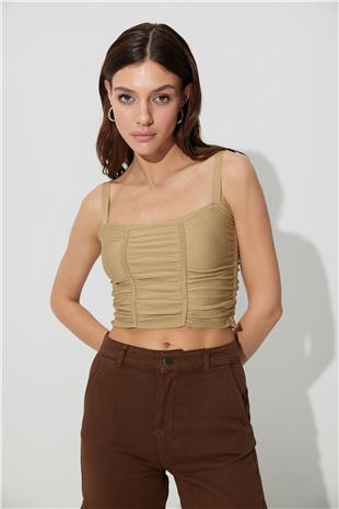 Beige Pleated Square Collar Knitwear Vest SWA4641BJ