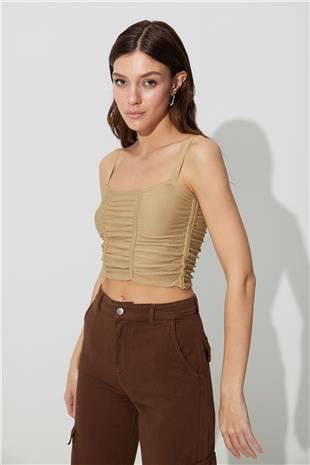 Beige Pleated Square Collar Knitwear Vest SWA4641BJ