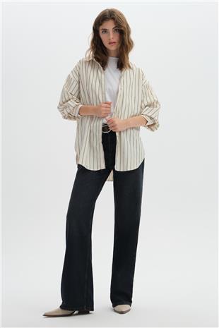 Bej Çizgili Oversize Gömlek