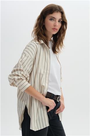 Bej Çizgili Oversize Gömlek