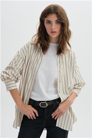 Bej Çizgili Oversize Gömlek