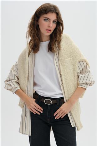 Bej Çizgili Oversize Gömlek