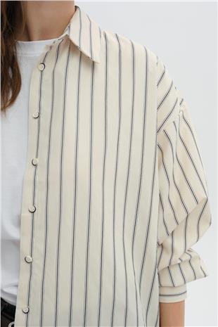 Bej Çizgili Oversize Gömlek