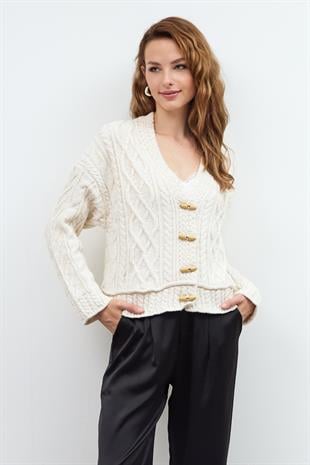 Beige Button Detailed Cable Knit Cardigan