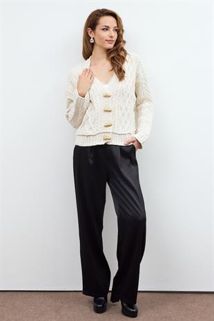 Beige Button Detailed Cable Knit Cardigan