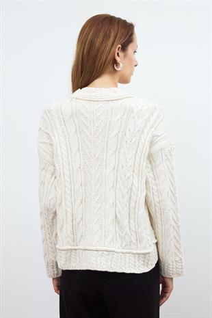 Beige Button Detailed Cable Knit Cardigan