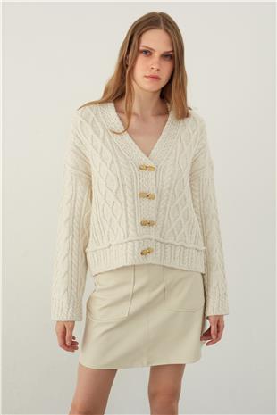 Beige Button Detailed Cable Knit Cardigan