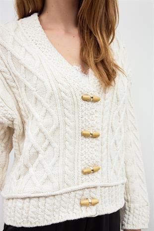 Beige Button Detailed Cable Knit Cardigan