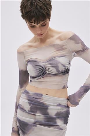 Beige Patterned Crop Tulle Blouse