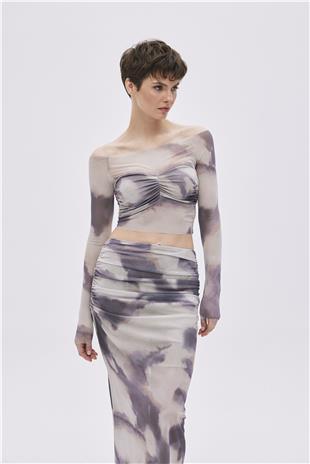 Beige Patterned Crop Tulle Blouse