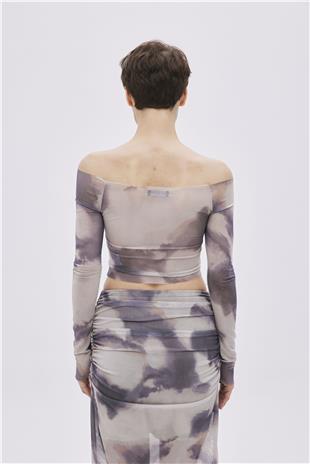 Beige Patterned Crop Tulle Blouse